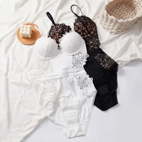 french embroidery bodysuit set sexy hollow women push up bra set black lace underwear bodycon bottom three breasted onesies