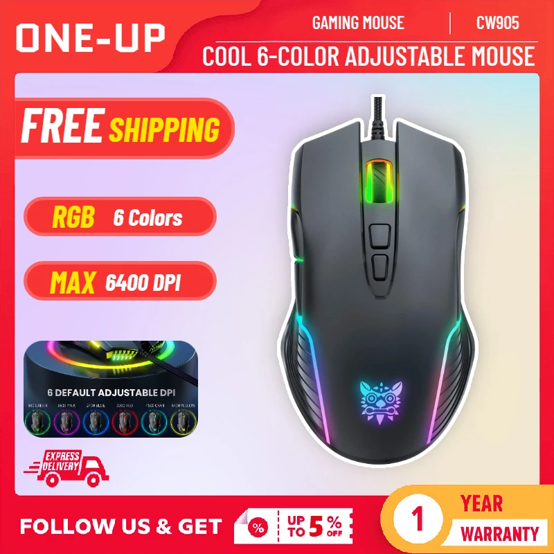 

6400 DPI Wired Gaming Mouse,ONIKUMA CW905 Black Mechanical Mouse,6-level Adjustable DPI And 7 RGB Backlight Mode Gaming Mice.