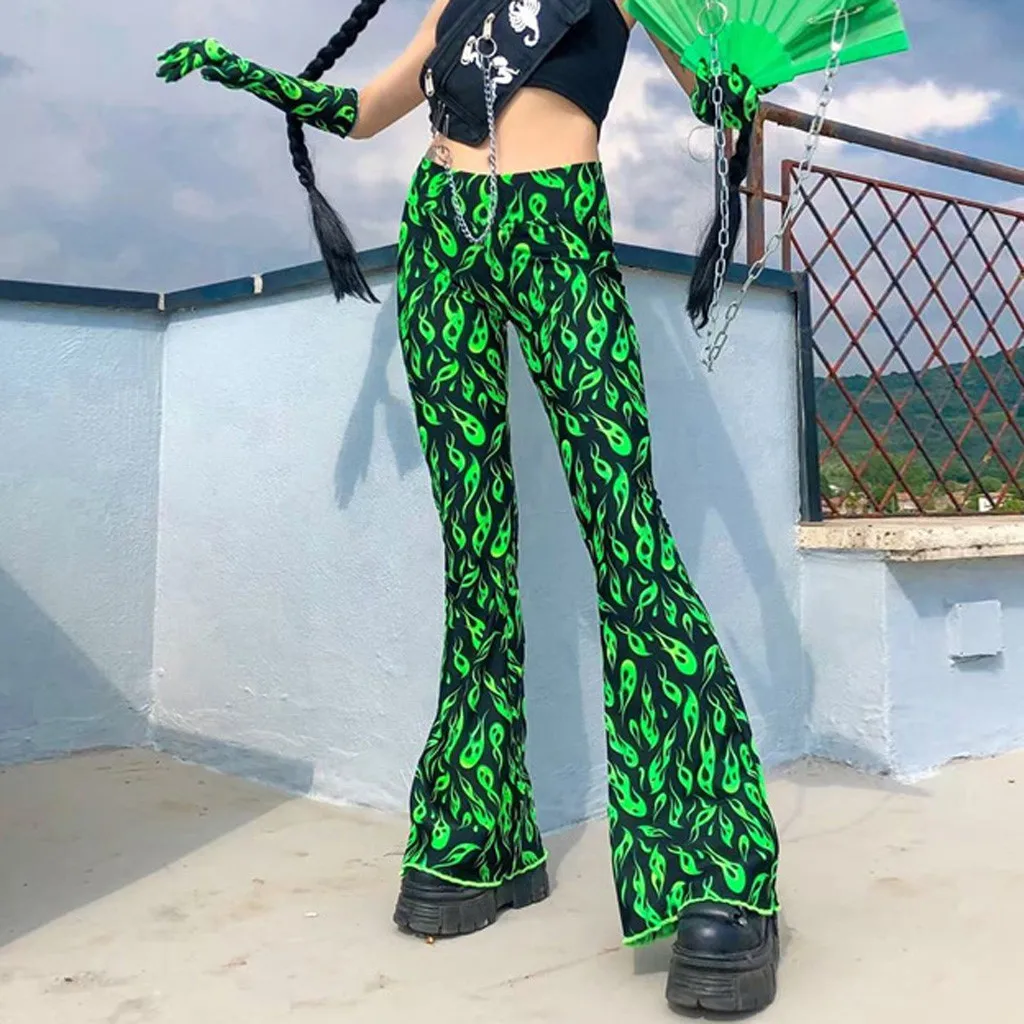 Женские расклешенные брюки в стиле Харадзюку зеленые с принтом огня и высокой