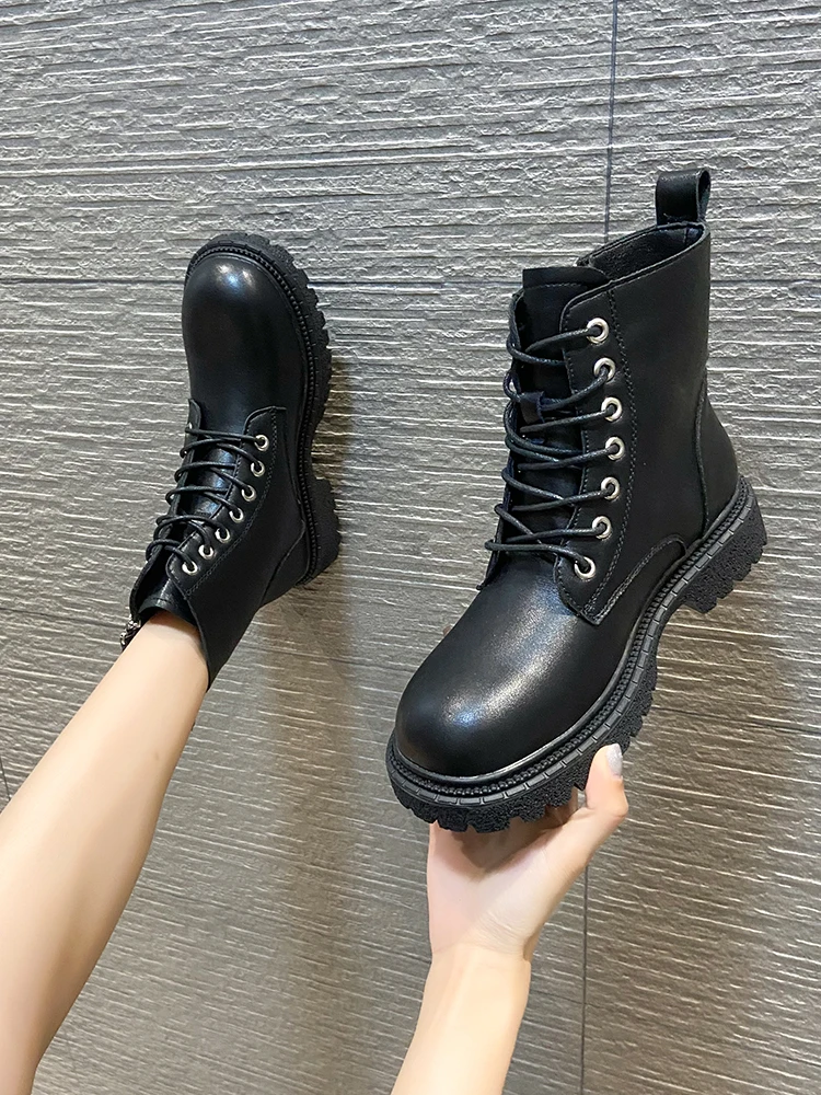 

Женские осенние ботинки, весна-осень 2021, черные ботинки на толстой подошве, на молнии, со шнуровкой, маленькие женские ботинки, размер 40