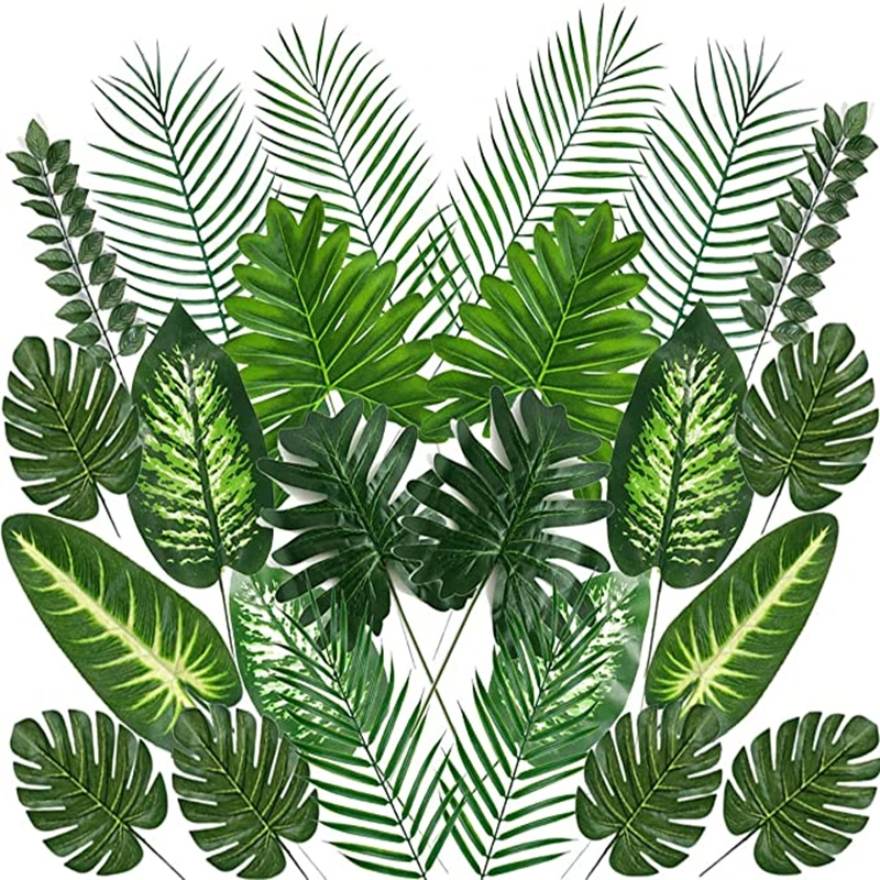 

Artificial Palm Leaves 90 Pcs 6 Types Hawaiian Green Plants Fake Monstera Leaves with Stems for Party Decorations Events Wedding