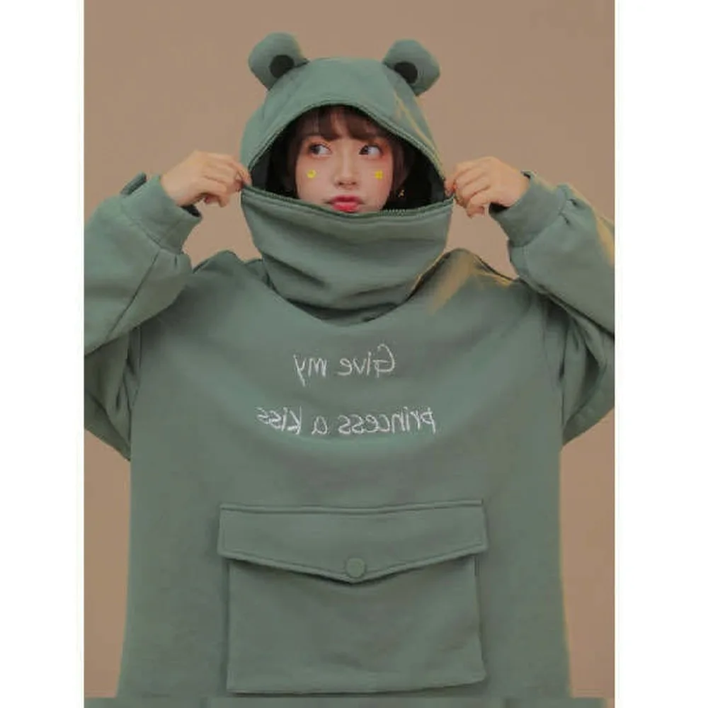 Women Cute Ear Frog Pullover Sweatshirt Mid-length Green Oversized Homewear Hoodies Creative Clothes 2020 Winter New | Женская одежда