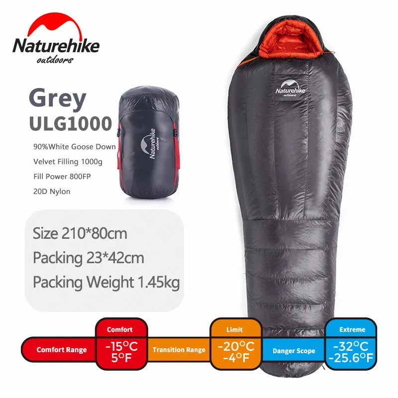 ULG1000-Grey Naturehike Кемпинг гусиный пух заполняющий 800FP зимний спальный мешок 20D нейлон Сверхлегкий утолщенный Мумия водонепроницаемый теплый спальный мешок - Цвет: ULG1000-Grey