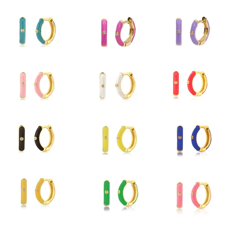

9mm 925 Sterling Silver Colorful Enamel Small Hoop Earrings Women Simple Round Circle Gold Color Earings Fashion Jewelry