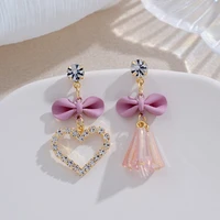 2021 new trendy women earring heart pink bowknot sweet asymmetrical crystal drop earrings jewelry for women pandora 925 original