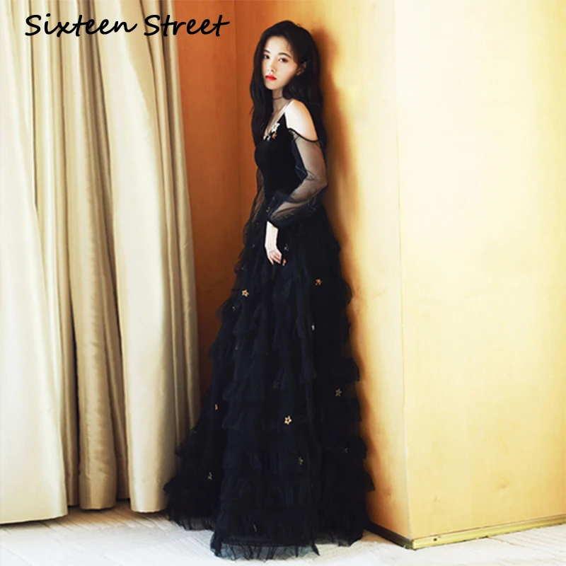 

Новинка, Черное вечернее платье, женское платье на бретелях с длинным рукавом, v-образный вырез, звездная вышивка, элегантные длинные платья,...