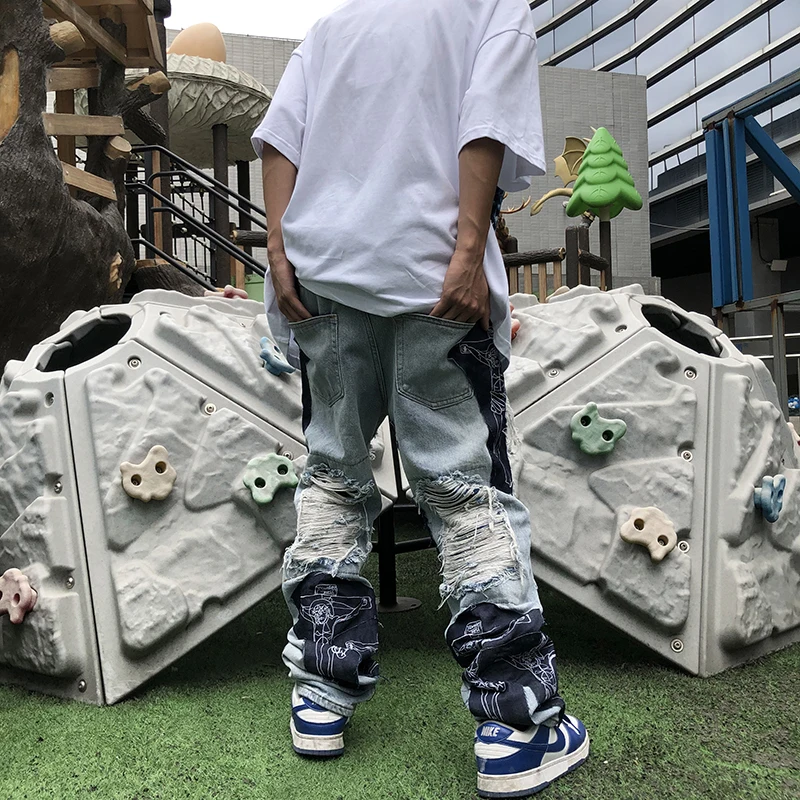 Джинсы IEFB мужские с бахромой уличная одежда вышивкой мешковатые брюки из денима