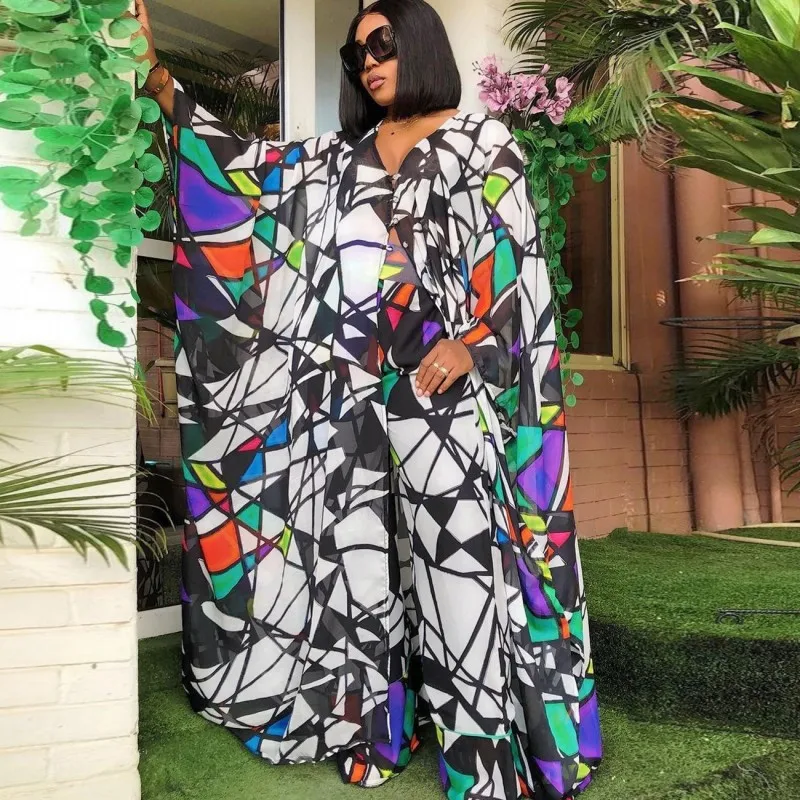 

Pant Suits Two Piece Sets Women Chiffon Cardigan Long Top Robes 2021 Fashion New Print Elegant Streetwear 2 Piece Outfits Summer