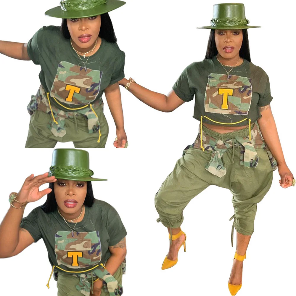 

Camouflage Letter Printed String Cropped Tops for Women Fashion Round Neck Short Sleeve Tshirts Activewear Camo Slim Short Tees