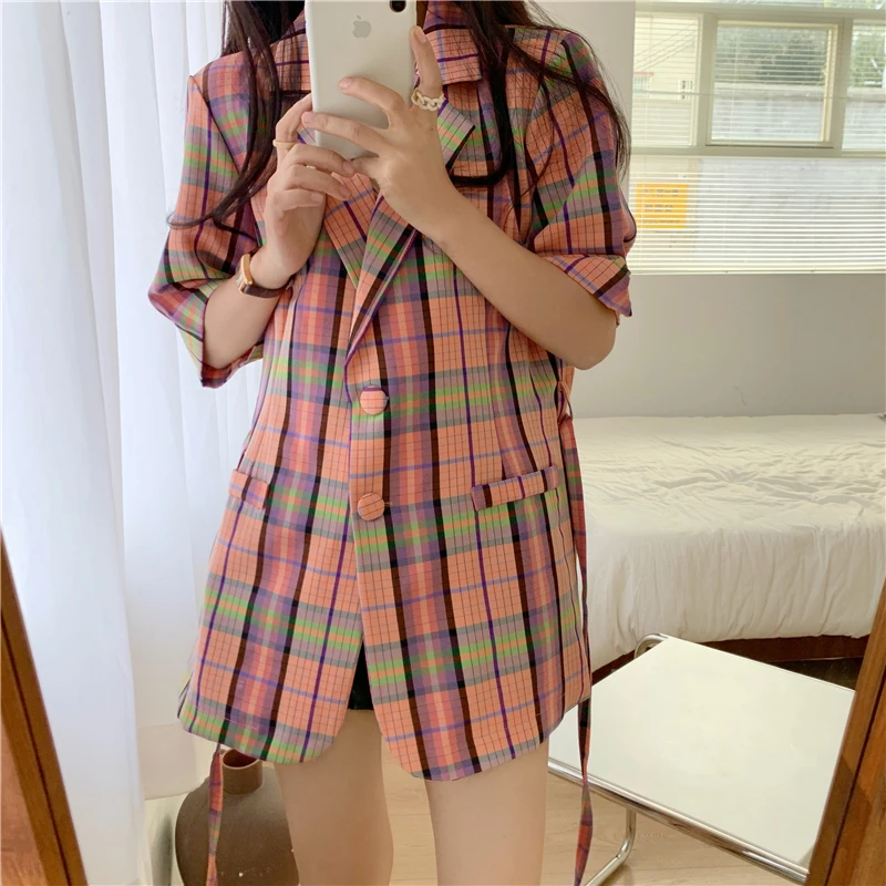

2021 Korea Women Fashion Office Wear Plaid Blazer Coat Vintage Short Sleeve Casual Loose Female Outerwear Chic Tops