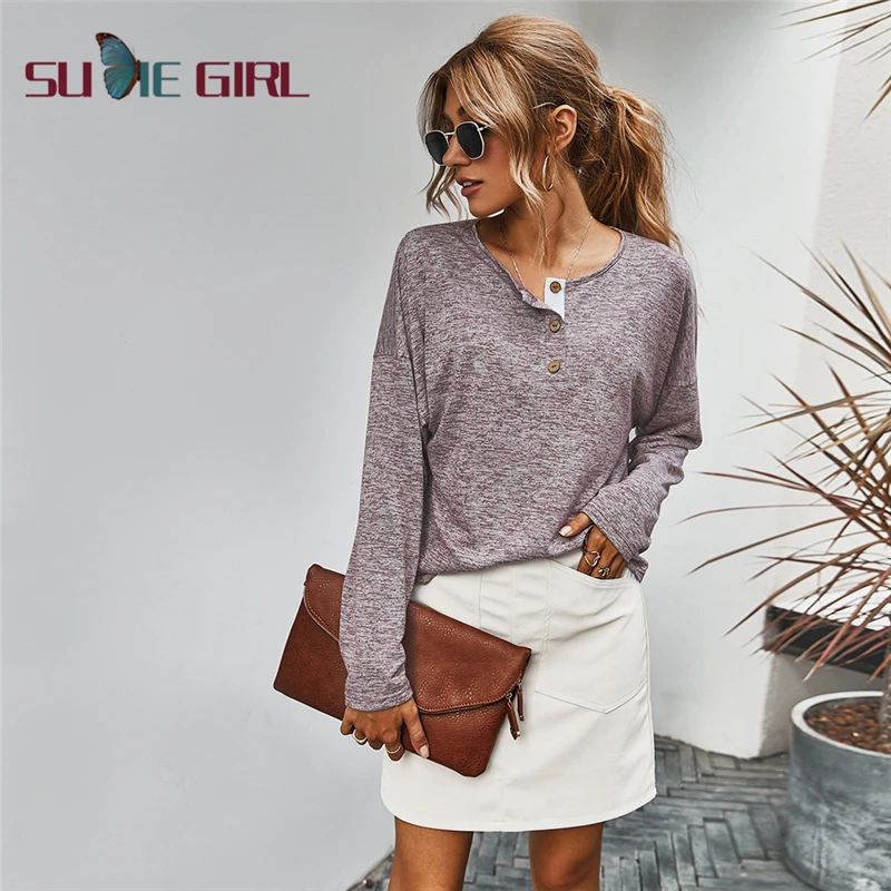 

SUDIE Girl Fall Women's new solid color fashion casual style 2020 autumn European and American wild simple T-shirt women