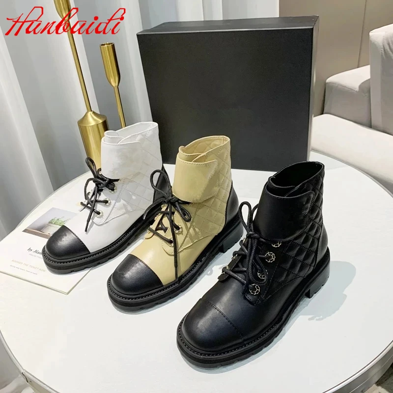 

Genuine Leather Women Ankle Boots Luxury Brand Crystal Lace Up Martin Boots Mixed Color Motorcycle Boots Autumn Winter Boots
