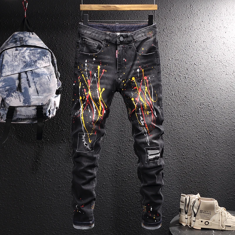 

Street Style Fashion Men Jeans Black Elastic Slim Fit Ripped Jeans Men Painted Designer Hip Hop Stretch Splashed Denim Pants