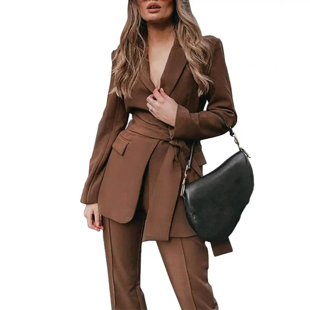 

2 Pcs/Set Women Formal Office Suit Solid Color Waist Belt Turn-down Collar Warm Autumn Coat Straight Pants Work Outwear