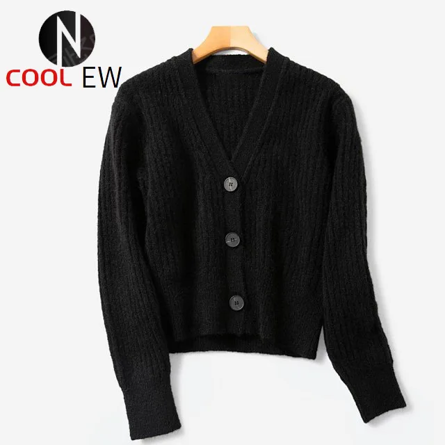 

Elfbop Wool Blend Women Black/Yellow/Apricot/Purple Knitted Cardigan - Ladies 2021 Spring Knitting V Neck Sweater