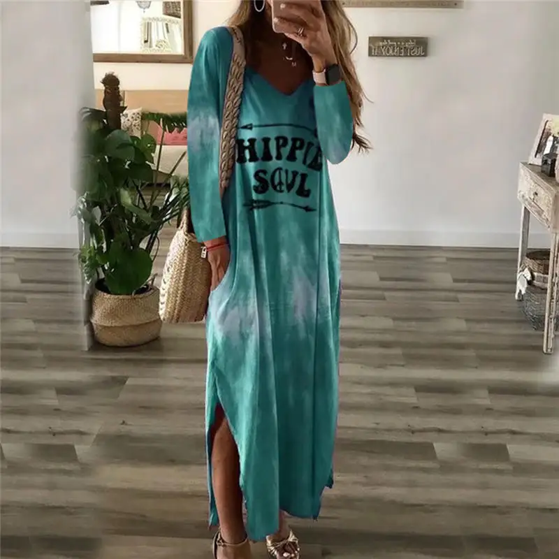 green dress Краситель Для Галстука Градиент Цвет Платье Глубокий V Образным Вырезом Глубокий Вырез Платье Сторона Щель Раскол Текст Буква Хиппи Душа Женщина Длинный Рукав Платье Макси Харадзюку Xxl Хаки Серый Синий Феолетовый - Цвет: green dress