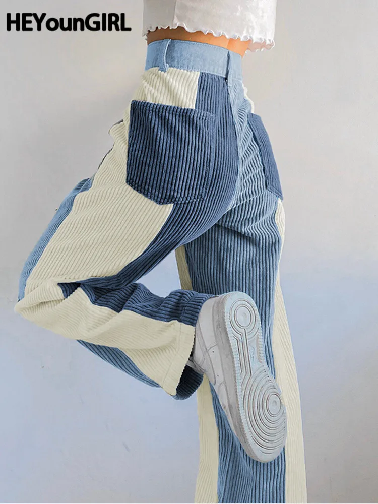 

HEYounGIRL Patchwork Casual Corduroy High Waist Pants 2000s Aesthetic Autumn Warm Long Trousers Skinny Streetwear Sweatpants 90s