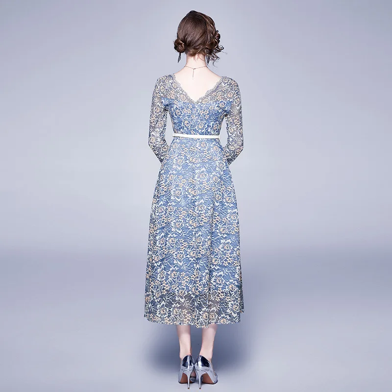 

Elegant Women Embroidered Lace Dress A-line Dress Long Sleeves Maxi Dress Vetement Femme 2020 Fall V-Neck Long Party Lace Dress
