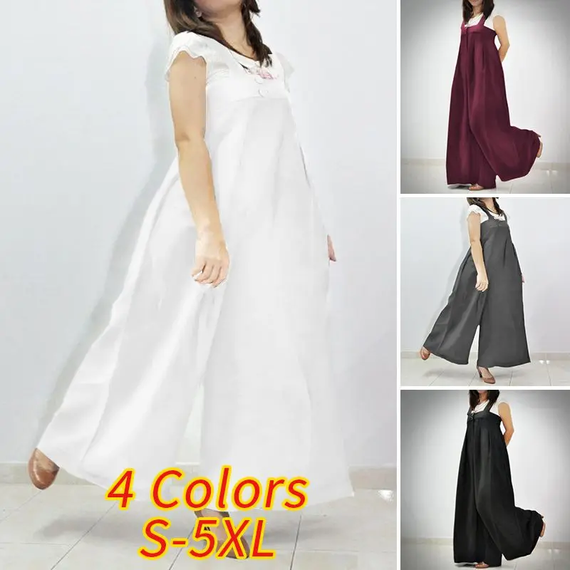 

Women Solid Color Jumpsuits Pants Sleeveless Wide Leg Jumpsuits Rompers 2021 VONDA Casual Summer Palazzo Dungarees Plus Size