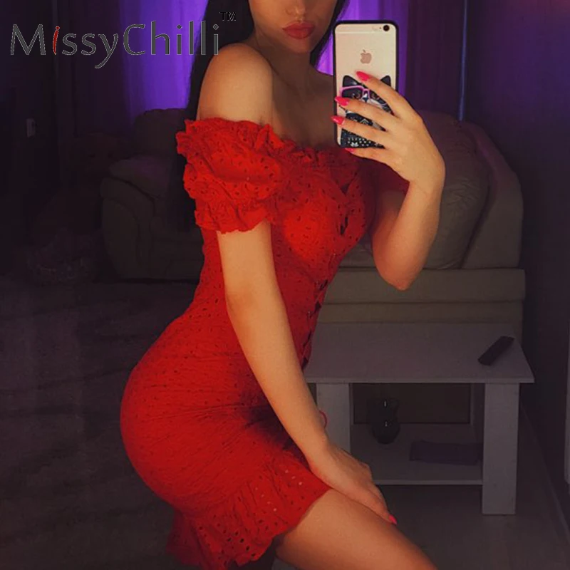 MissyChill, красное осеннее мини-платье с открытыми плечами и рюшами, женское облегающее короткое платье на шнуровке с открытой спиной, элегантное сексуальное Клубное платье, вечерние платья