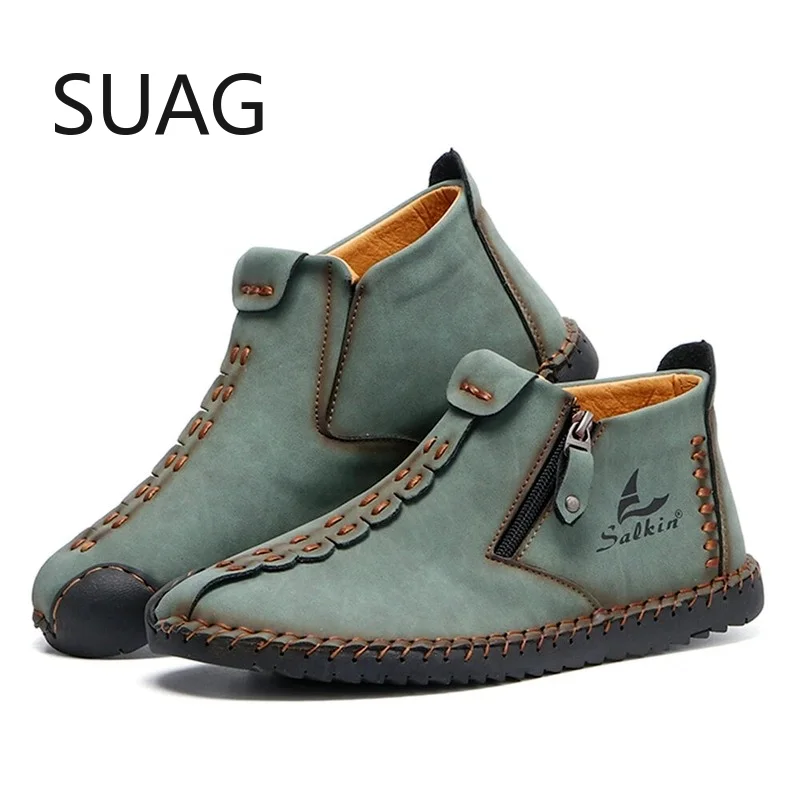 

2021 Hot Sale Leather Boots Men Shoes Casual Slip on Patent Boots Zip Retro Leather Mens Ankle Botas Winter Black Snow Boots