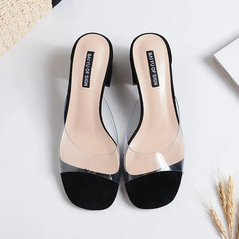 

medium thick heel transparent sandals wear slippers women
