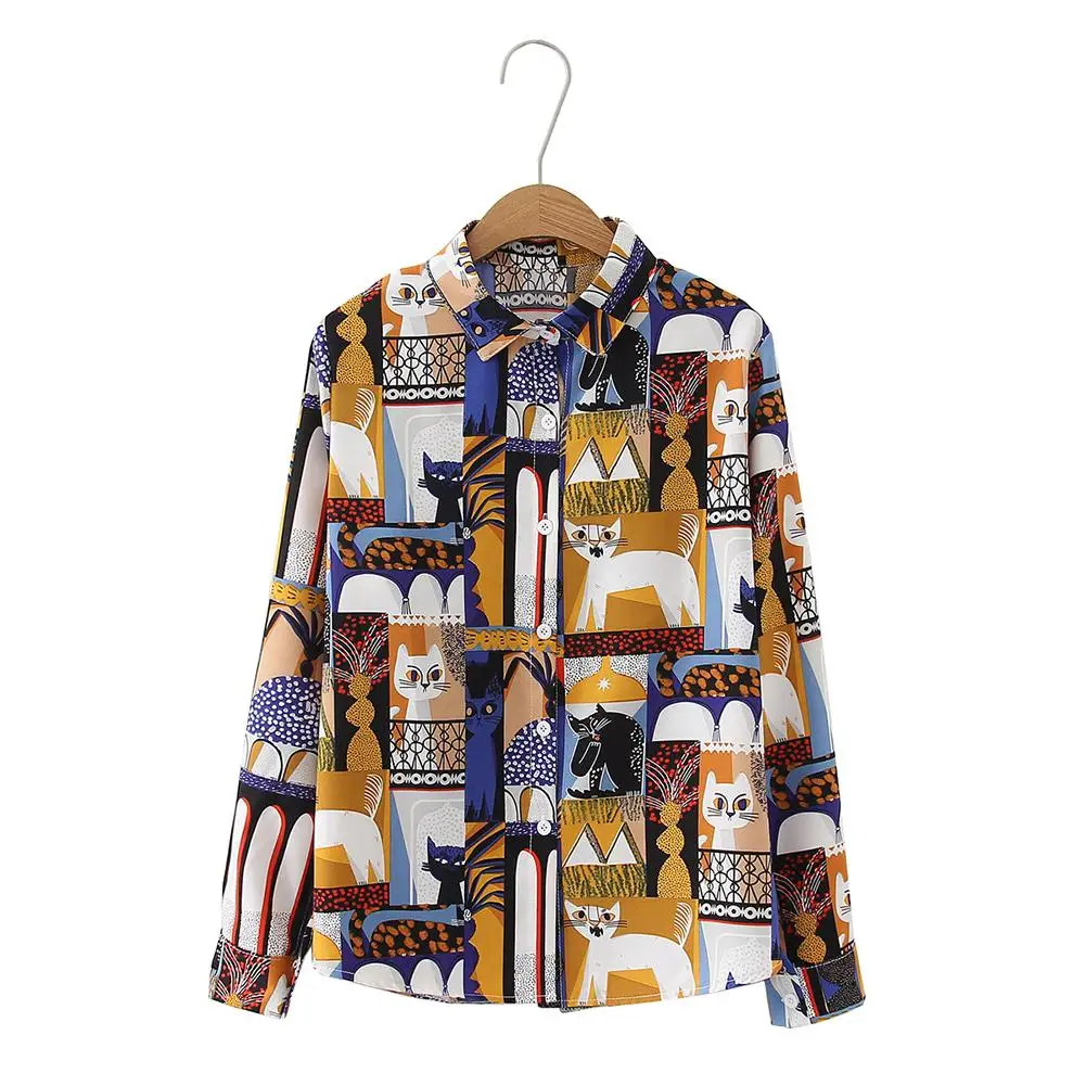 

Женская шифоновая блузка с принтом в виде кошек, с длинными рукавами и отворотами, размера плюс