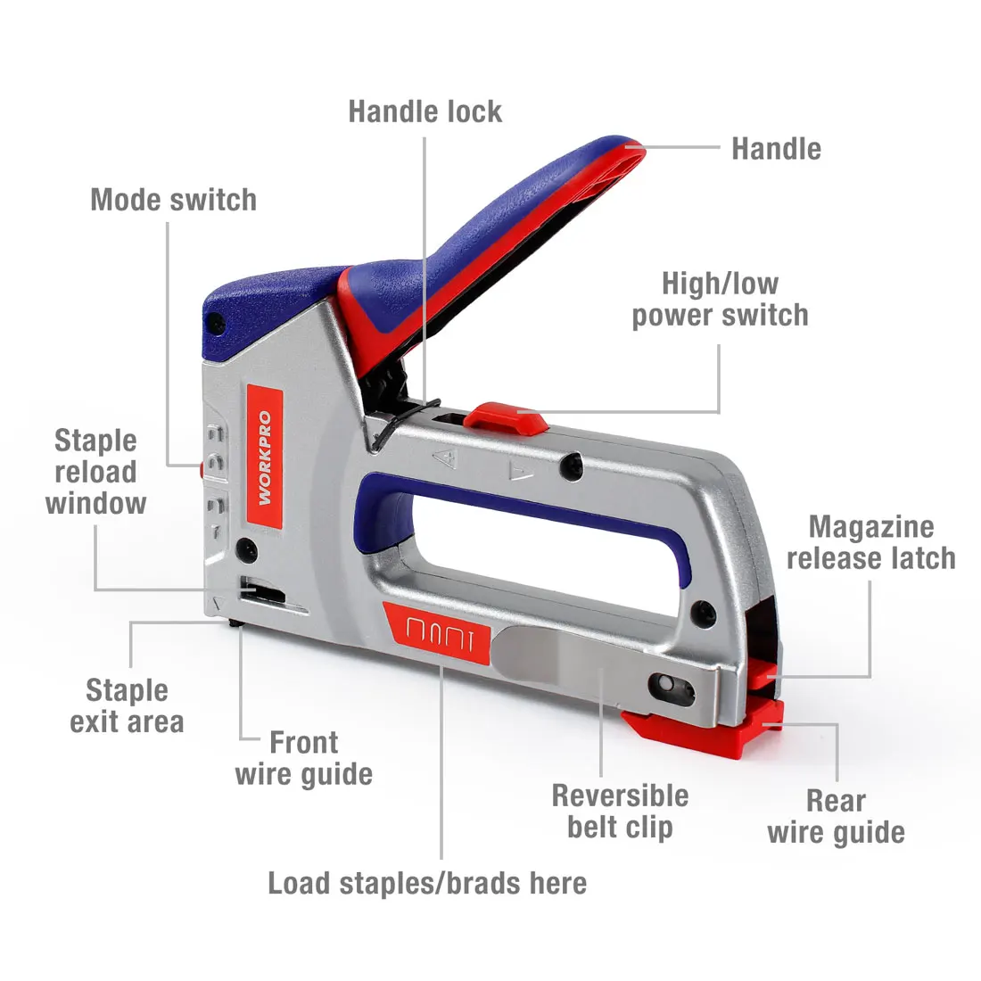 WORKPRO-pistola de grapas de alta resistencia 3 en 1, para bricolaje, mobiliario decoración Hogar, Manual de la grapadora, pistola de clavos con 800 grapas