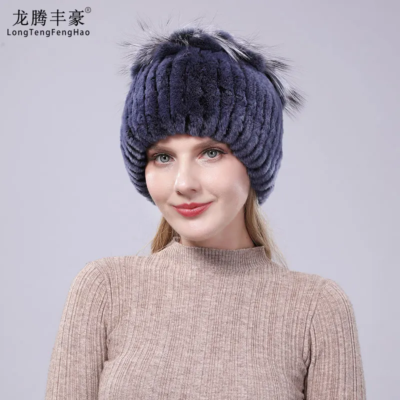 Женская шляпа кролика рекс меховая шапка вязаная головные уборы Beanies женские