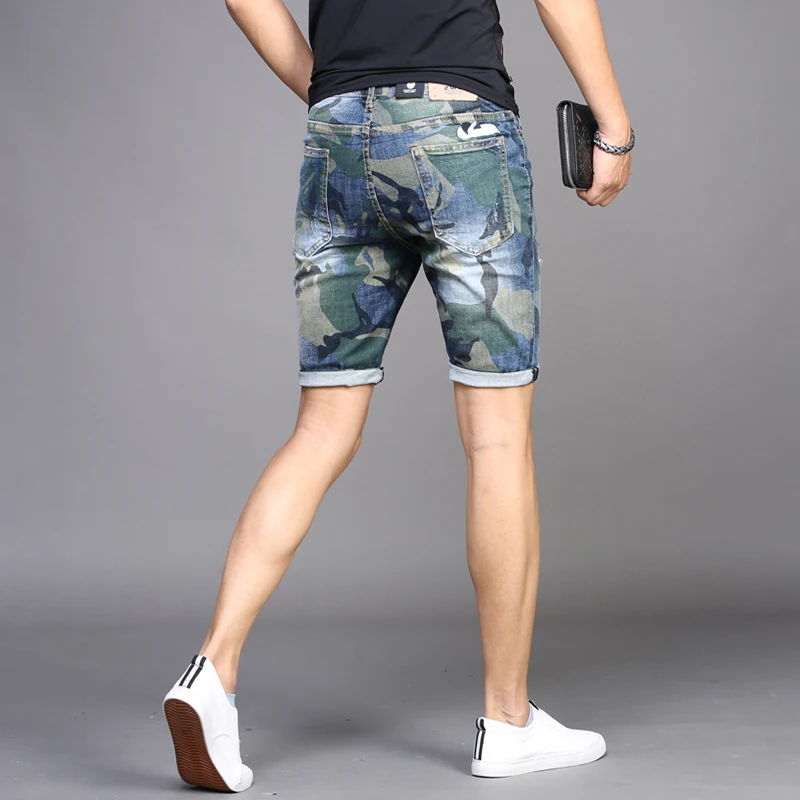 Men Ripped Denim Shorts Camouflage Jeans Summer Thin Stretch Straight Fit Pants Fashion Streetwear Knee Length Trousers