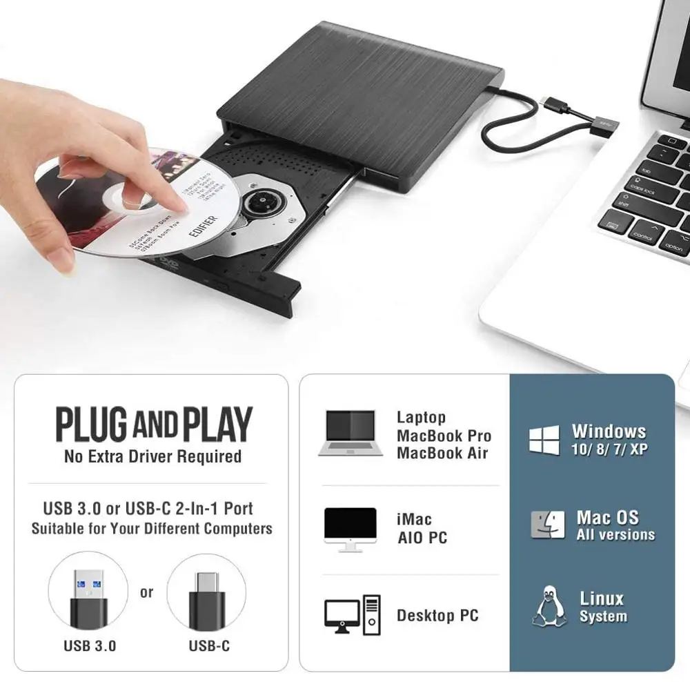 USB 3.0 Type-C внешний CD DVD-привод портативный CD/DVD +/-RW привод/запись/горелка оптический