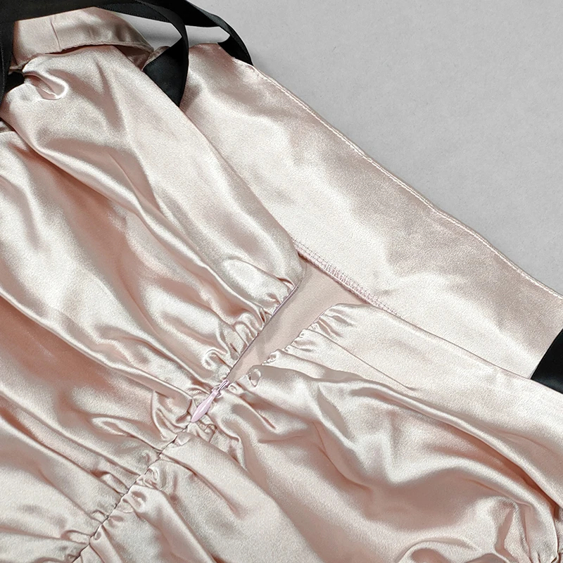 

Satin Bodysuit Top Ruched Backless Bow Square Neck Zipper Puff Sleeve Romper Women Sweet Elegant Sexy One Piece Clubwear