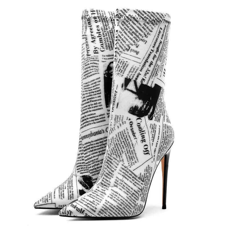 

2020 Band Women Stretch Boots Fashion Slip On Print Pointed Toe Ankle Boots Woman Thin High Heel Autumn Boots Milk Color