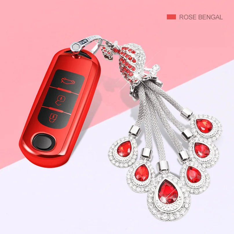 red with keychain Роскошный алмаз ключи чехол Чехол с украшением в виде кристаллов брелок TPU Защитный чехол для Mazda 6 Mazda 3 Axela Atenza CX-7 CX-9 CX-5 CX5 15-18 - Название цвета: red with keychain