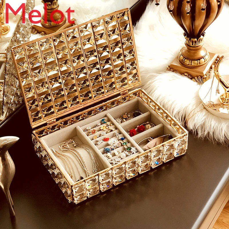 

European-Style High-End Luxury Crystal Jewelry Storage Box Simple Fashion Necklace Earrings Small Jewelry Finishing Box