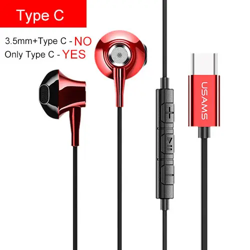 Red Type C USAMS наушники-вкладыши 3,5 мм/type C металлические Hifi микрофон с проводной гарнитурой 4D стерео проводные наушники для iPhone 6S se samsung Xiaomi - Цвет: Red Type C