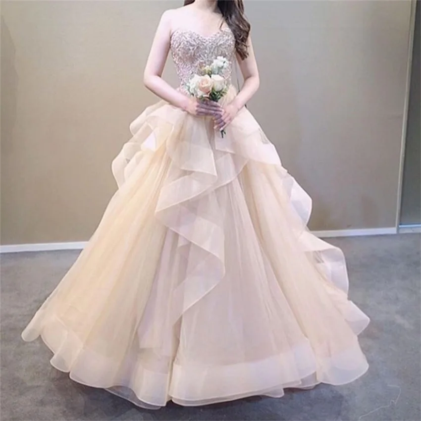 

Princess Ball Gown Champagne Wedding Dress Sweetheart Appliques Puffy Bridal Gowns Sweep Train Vestido De Casamento New Arrival
