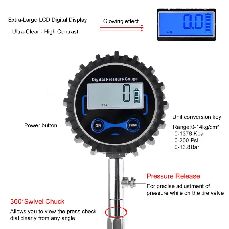 

Digital Tire Pressure Gauge 200 PSI Interchangeable Air Chuck for Cars Motorcycle Rv SUV Truck TPMS Bike Tyre