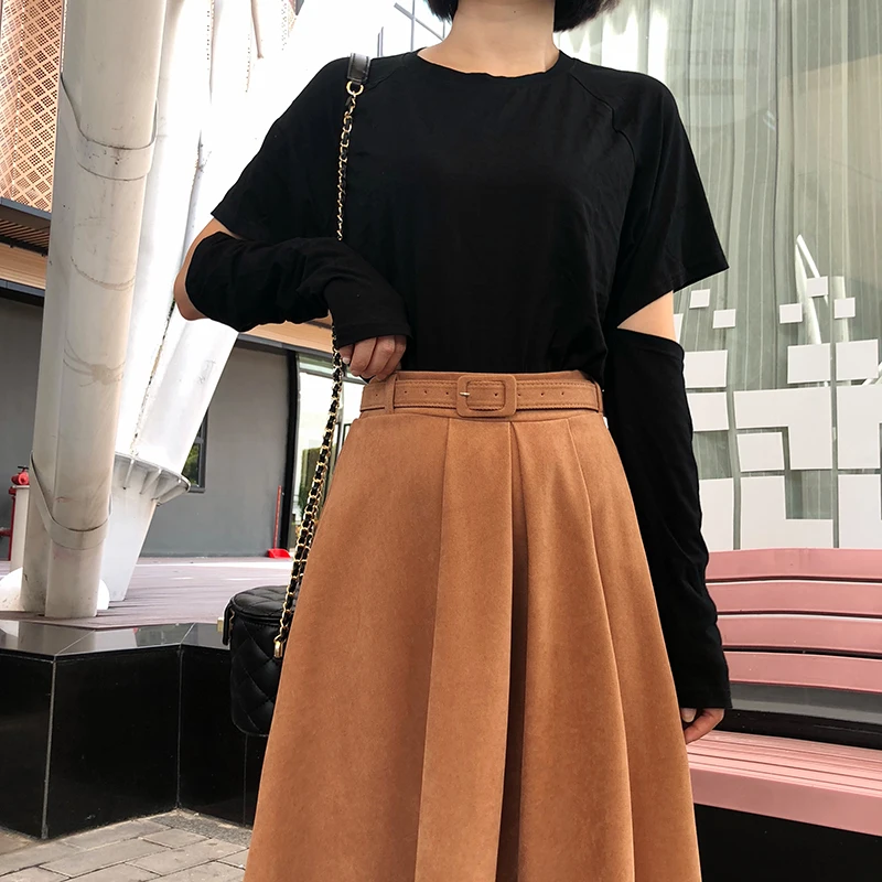 

Korean Pink Skirts Women High Waist Vintage Midi Chic Skirts Ladies Streetwear Autumn Winter A-line Skirt jupe femme