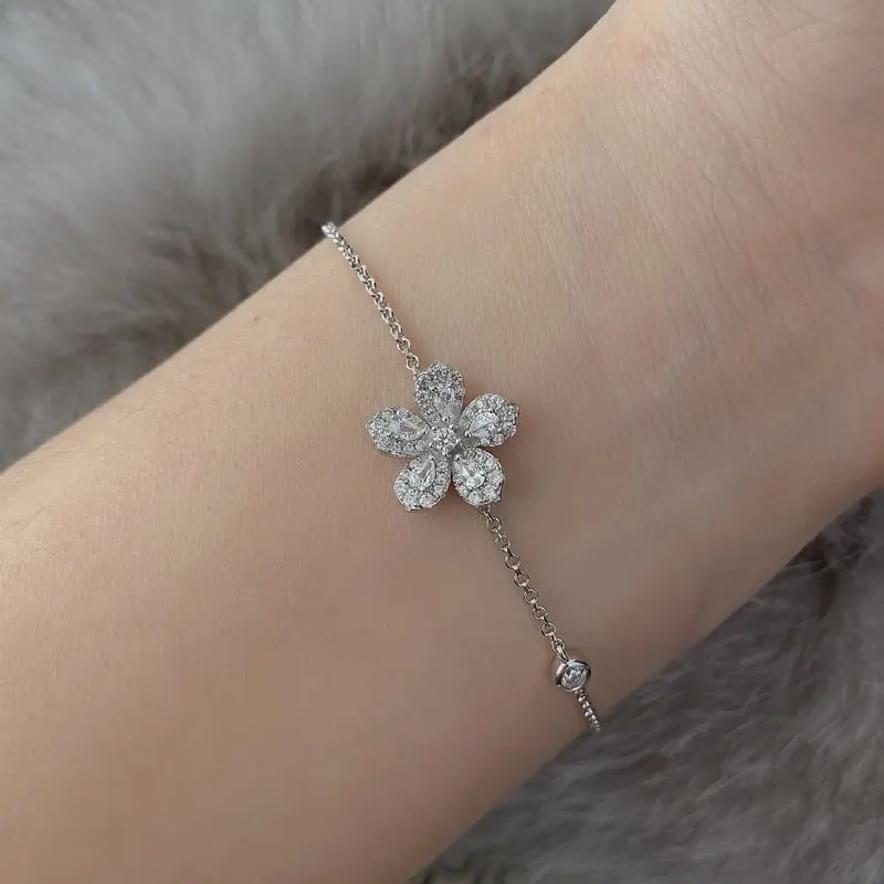 

Jazaz 100% 925 Sterling Silver Sparkling High Carbon Diamond Flower Bracelets Women Wedding Party Fine Jewelry Wholesale B0412