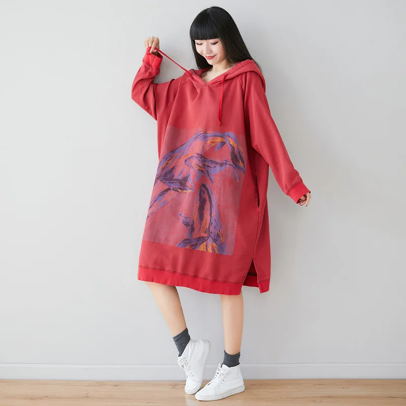 2020 Women Coat Plus Size Long Oversized Hoodie Dress Vintage Loose Casual Japan Style Sweatshirt Animal Print Side Pocket Split