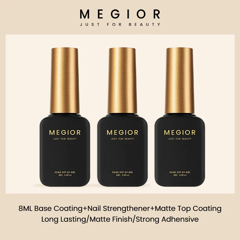 

MEGIOR 3PCS Base Coating Nail Strengthener Matte Top Coating Kit 8 ML UV Gel Nail Polish Long Lasting Wearing Matte Finish Gel