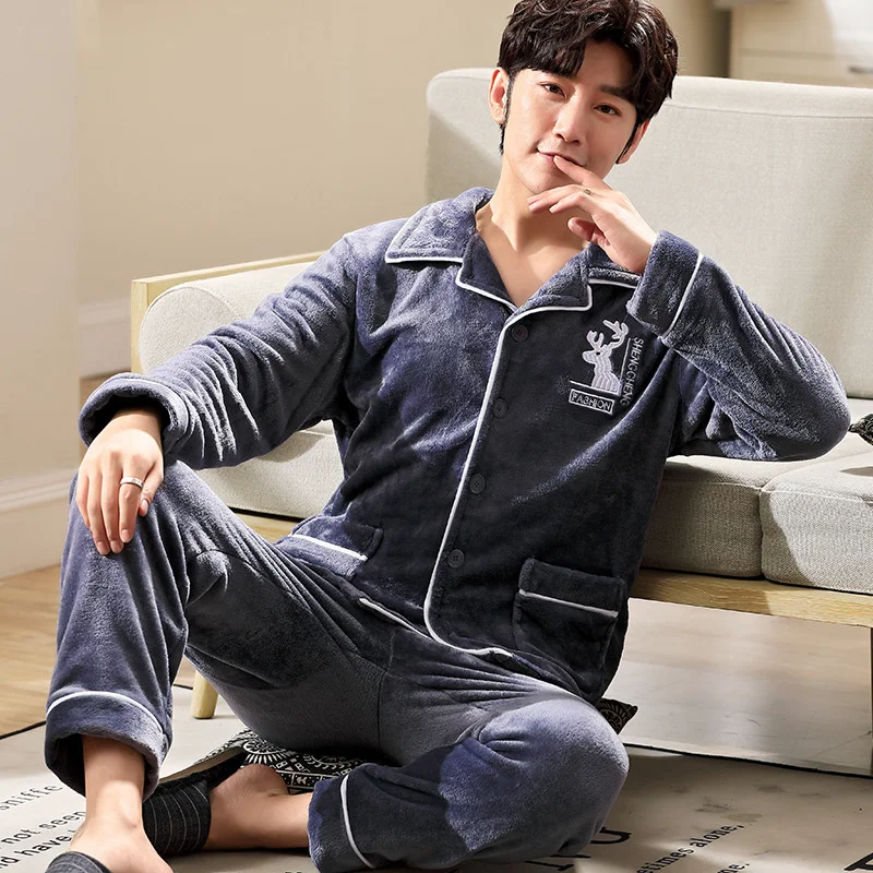 Flannel Pajamas Women Long Sleeved Coral Velvet Autumn Winter Lovers Plush Thickened Men's Home Clothes Suit Straight Hair