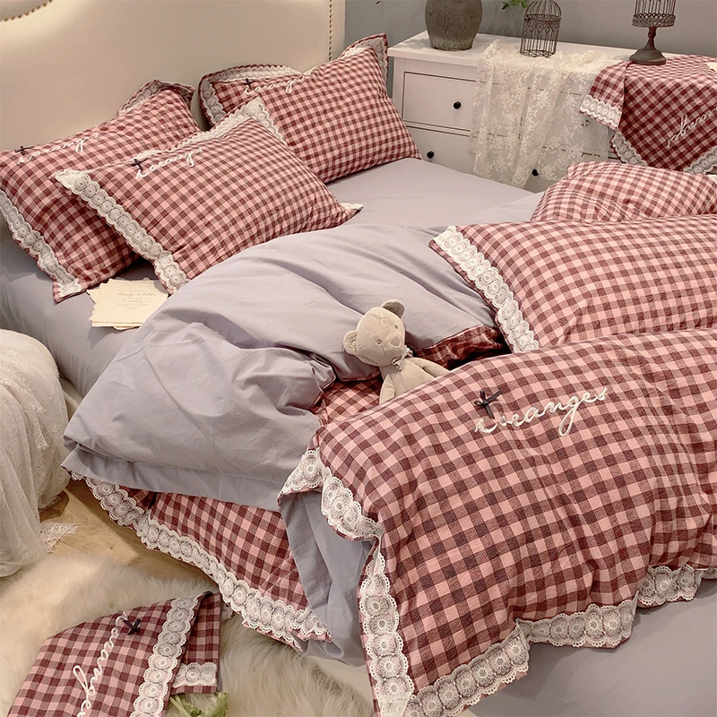 

Хлопковый комплект постельного белья в клетку в стиле принцессы, набор из четырех предметов, пасторальное постельное белье с оборками, Комплект постельного белья, американский очень большой размер
