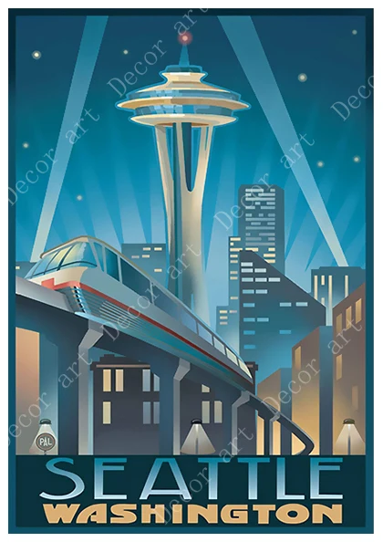 Дорожная холщовая картина из США Сиэтл Вашингтон винтажные настенные крафт