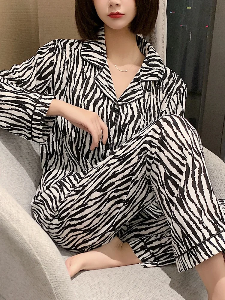 Pijama Set Woman 2 Pieces Nightie Sleepwear Home Clothes Zebra Pattern Pajamas Girl Winter Pyjama Female Suit Outfits Homewear