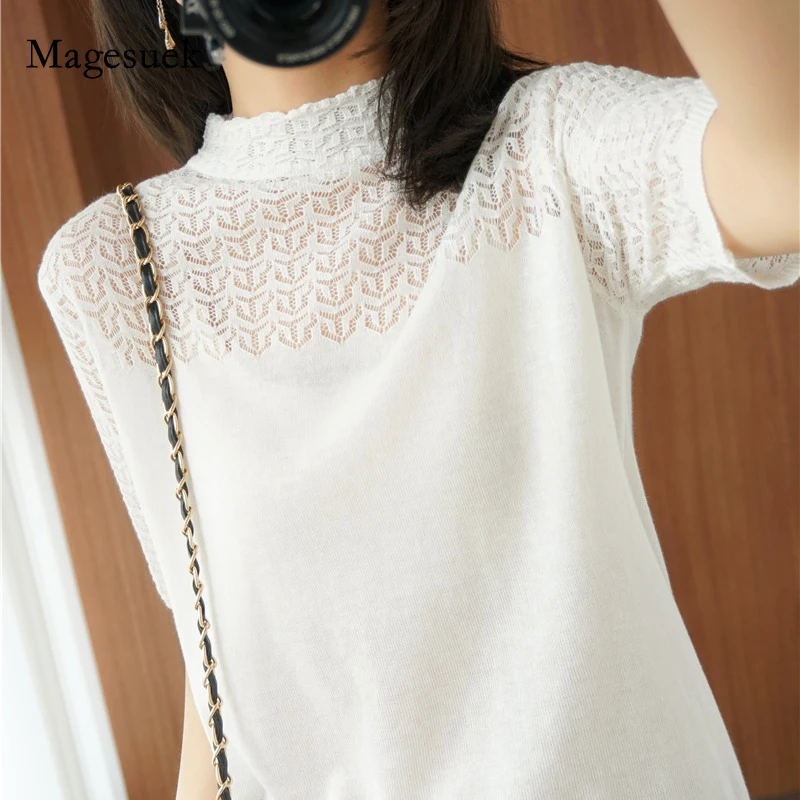 

Summer New Knitted Lace Blouse 2021 Short Sleeve Cotton Base Slim Solid Shirts Female Half Turtleneck Tops Women Feminine 13535