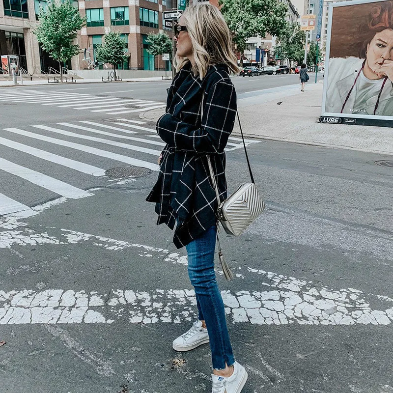 

Women Winter Wool Jackets Plaid Lace Up Slim Trench Coat with Straps Thick Women Long Coats and Jackets Korean Style Elegant