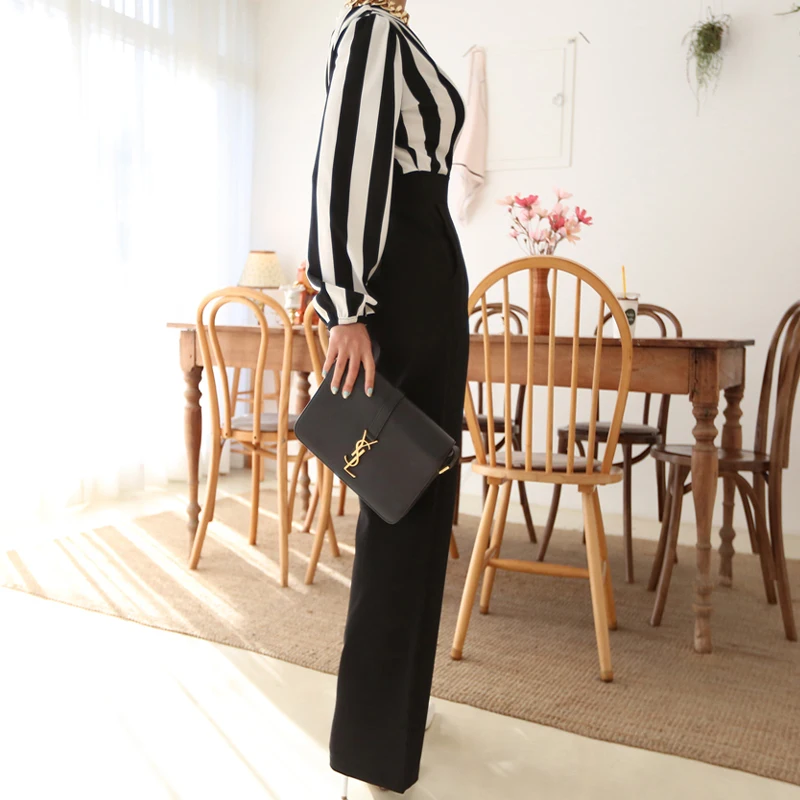 

One piece Ladies Korea jumpsuit For women autumn Black stripes V neck Sexy trousers Wide Leg pants Long Playsuits