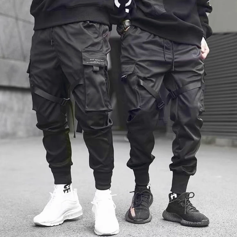 Pantalones Cargo con cintas para hombre,bb5 ropa de calle informal con bolsillos, estilo Harem, Hip Hop, Harajuku